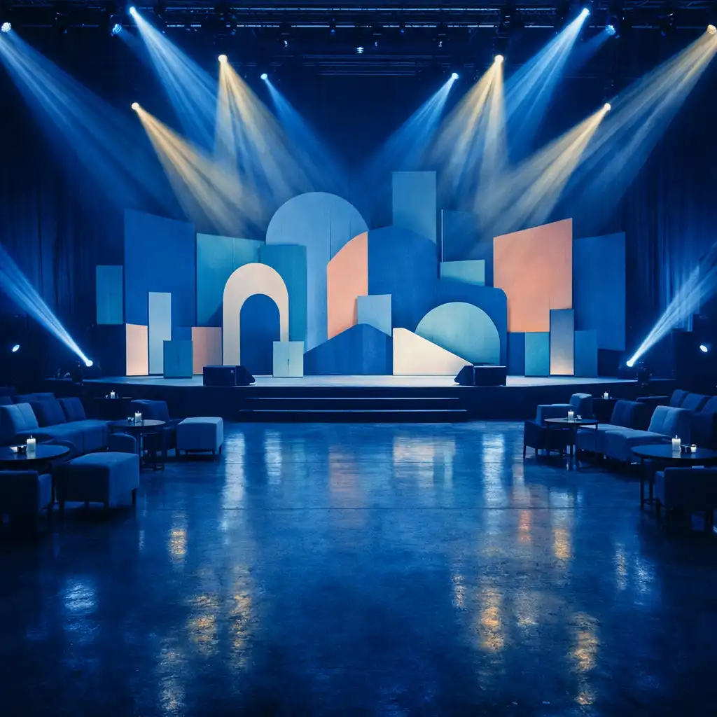 Nowoczesna przestrzeń eventowa z modułową scenografią i dynamicznymi światłami