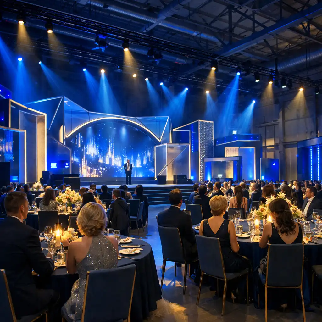 Industrialna hala przekształcona w elegancką przestrzeń eventową z modułową scenografią i niebieskim oświetleniem LED