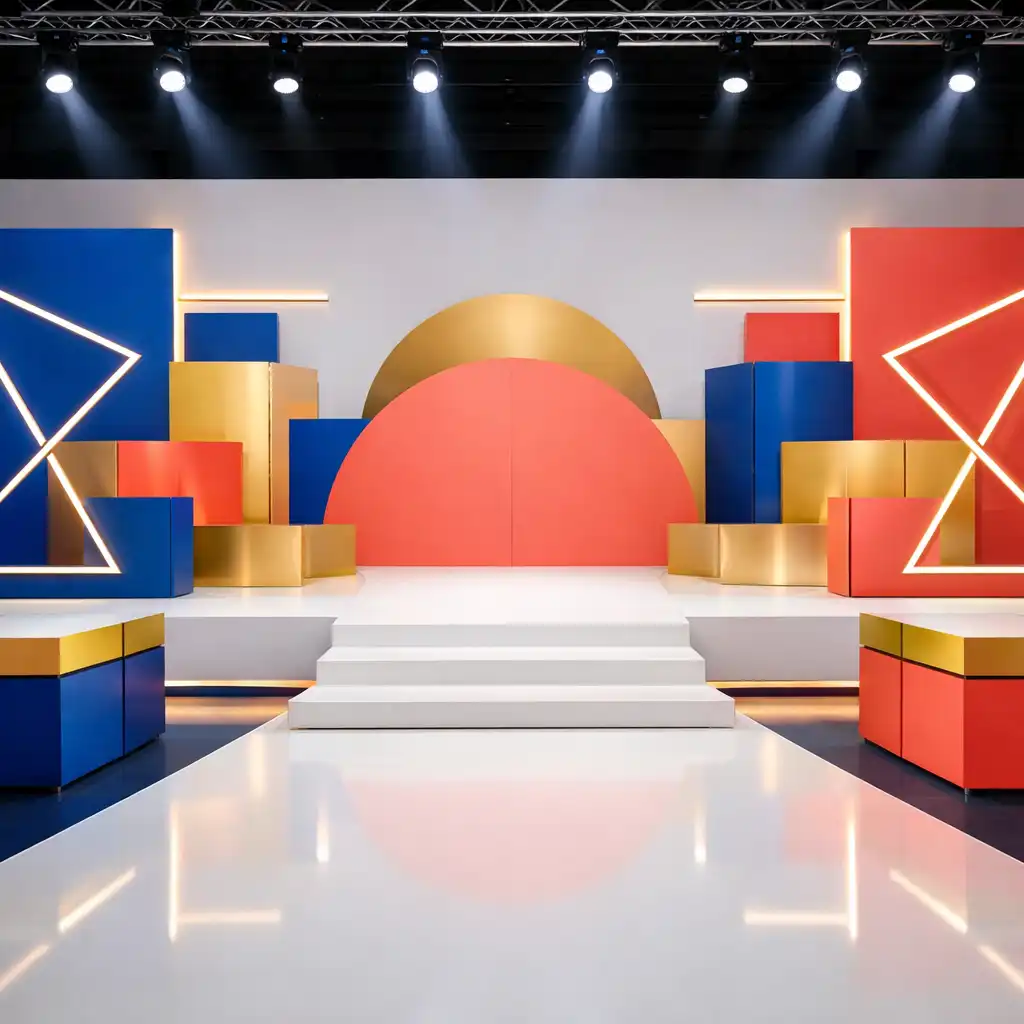Scenografia eventowa w nowoczesnym stylu z modułowymi konstrukcjami i kolorowymi panelami