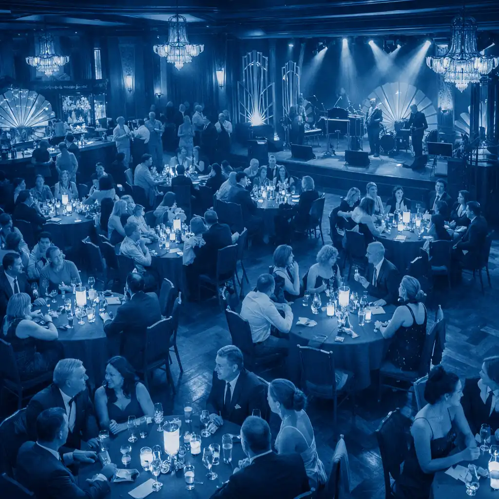 Elegancka sala eventowa podczas wieczoru tematycznego z gośćmi i ciepłym oświetleniem