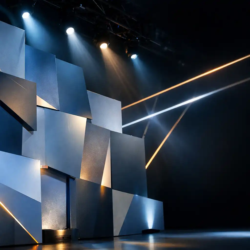 Fragment nowoczesnej scenografii eventowej z modułowymi panelami i reflektorami